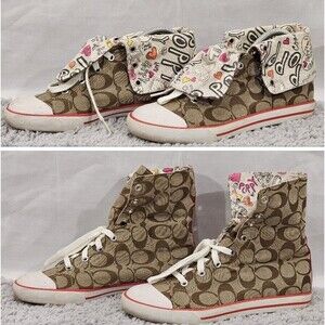 Coach Bonney High Top Sneakers Signature Canvas Foldover Retro Y2K Brown 7.5 B